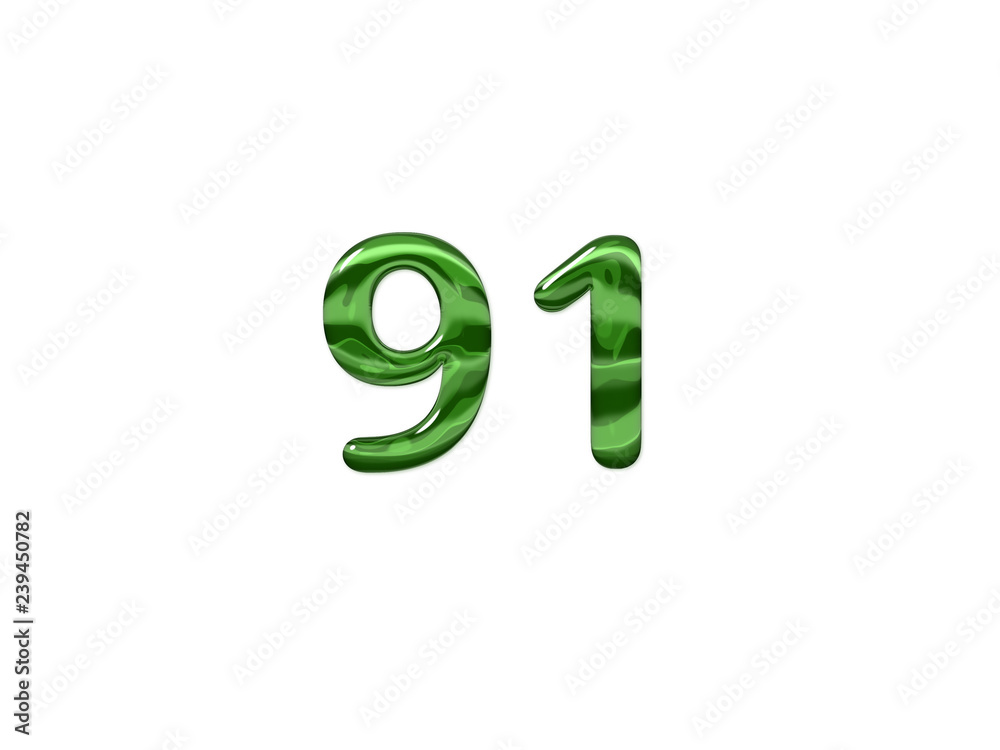 Green Number 91 isolated white background Green Number 91 isolated white background