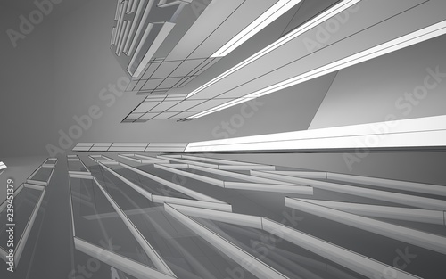 Abstract white interior highlights future. Polygon drawing . Architectural background. 3D illustration and rendering