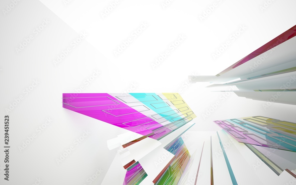 abstract architectural interior with white sculpture and geometric gradient glass lines. 3D illustration and rendering abstract architectural interior with white sculpture and geometric gradient glass lines. 3D illustration and rendering