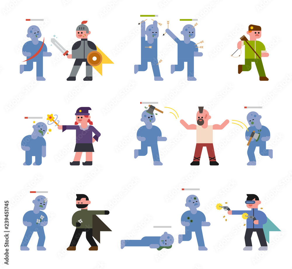 A character set in the game that defeats monsters. concept illustration. flat design vector graphic style.