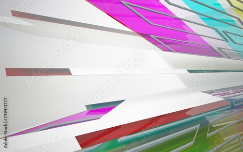 abstract architectural interior with white sculpture and geometric gradient glass lines. 3D illustration and rendering