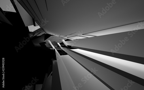 Abstract white interior of the future, with glossy black wall and floor. 3D illustration and rendering