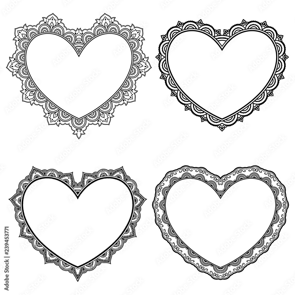 Set paattern in form of heart for Henna, Mehndi, tattoo, decoration - frame.  Decorative ornament in ethnic oriental style, Indian style. Coloring book  page. Stock Vector | Adobe Stock