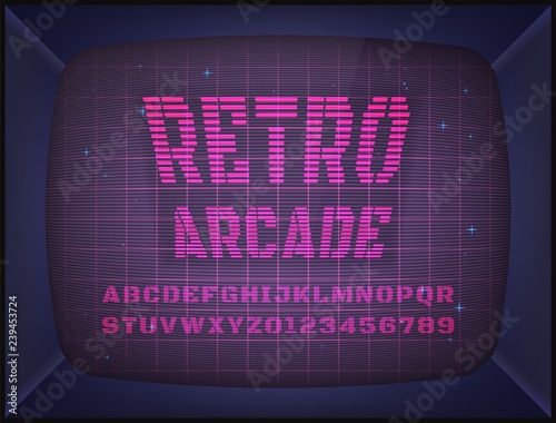 Retro arcade game machine. Screen background and font. Vector illustration.
