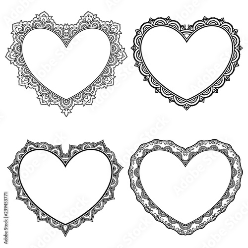 Set paattern in form of heart for Henna, Mehndi, tattoo, decoration - frame. Decorative ornament in ethnic oriental style, Indian style. Coloring book page.