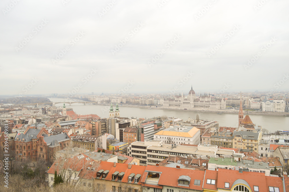 Hungarian Parliament Building from Fisherman's Bastion in Budapest on December 29, 2017.