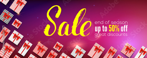 Sale. Gift boxes with red ribbons and bows. Great discount up to 50 percent off. Handwritten calligraphic lettering for holidays. Vector illustration for retail, online shopping, discount actions