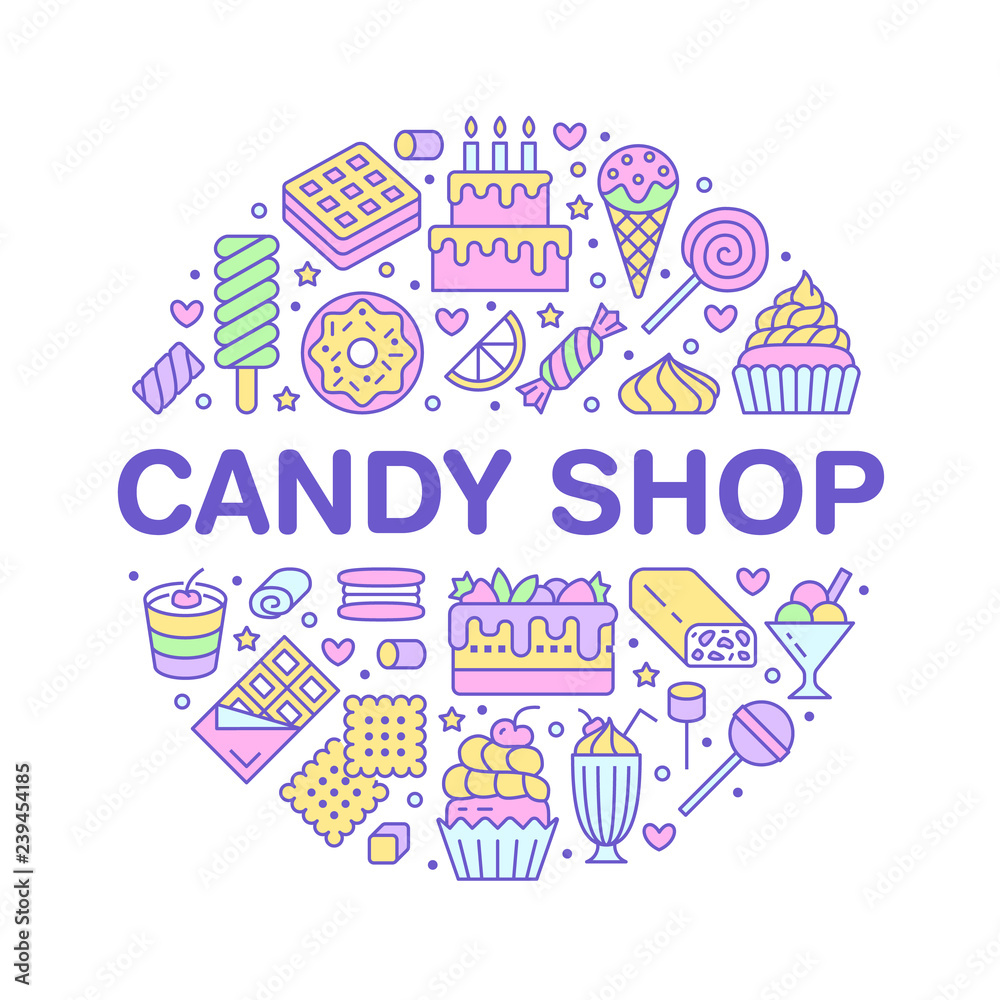 Sweet food round poster with flat line icons. Pastry vector illustrations - lollipop, chocolate bar, milkshake, cookie, birthday cake, candy shop. Cute circle brochure for confectionery