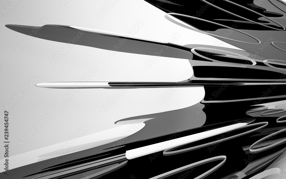 Abstract dynamic white interior with black smooth objects. 3D illustration and rendering Abstract dynamic white interior with black smooth objects. 3D illustration and rendering