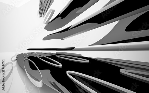 Abstract dynamic white interior with black smooth objects. 3D illustration and rendering © SERGEYMANSUROV