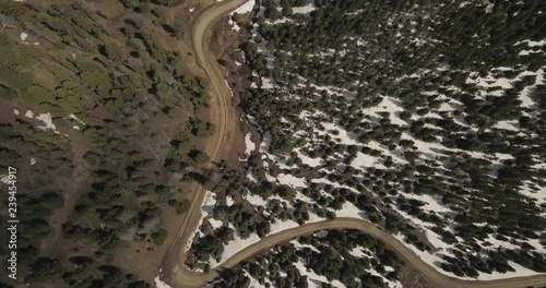 Beautiful narrow road between two forests, with green spruce trees at the start of summer season with snow melting on Beartrap trail
(drone shot) photo