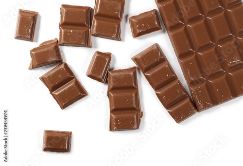 Chocolate bars isolated on white background, top view