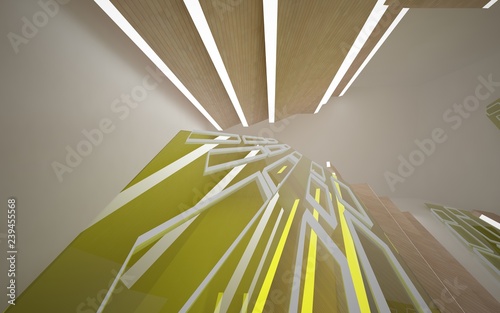 Abstract white interior of the future, with green glass, wood and neon lighting. 3D illustration and rendering