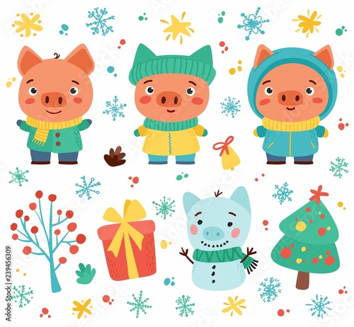 Winter set with cute piglets and winter holidays elements. Hand drawn style. Vector illustration