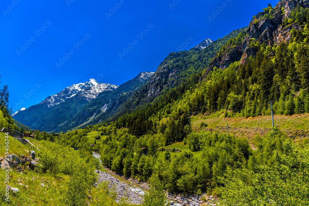 Mountain river in Swiss Alps mountains, Sankt Niklaus, Visp, Wal