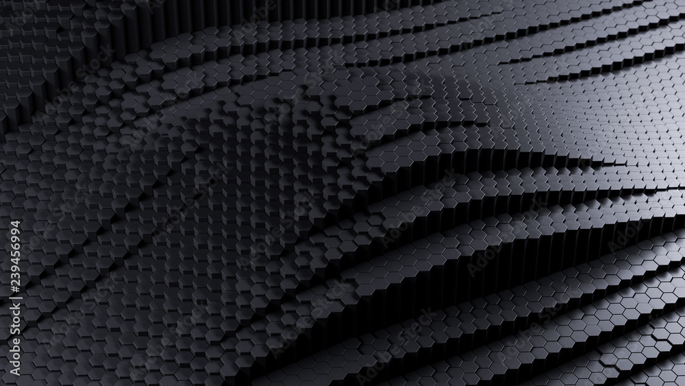 Naklejka premium black background of hexagons of different heights, top lighting. Technological backdrop.3d Rendering.