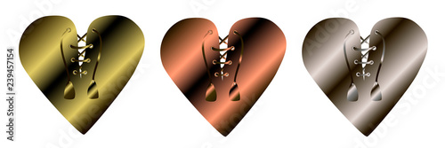 Vector bright hearty set. Hand drawn illustration. Gradient isolated polished metal foil golden, bronzed and silver hearts with laced collar like a corset on white background for design.