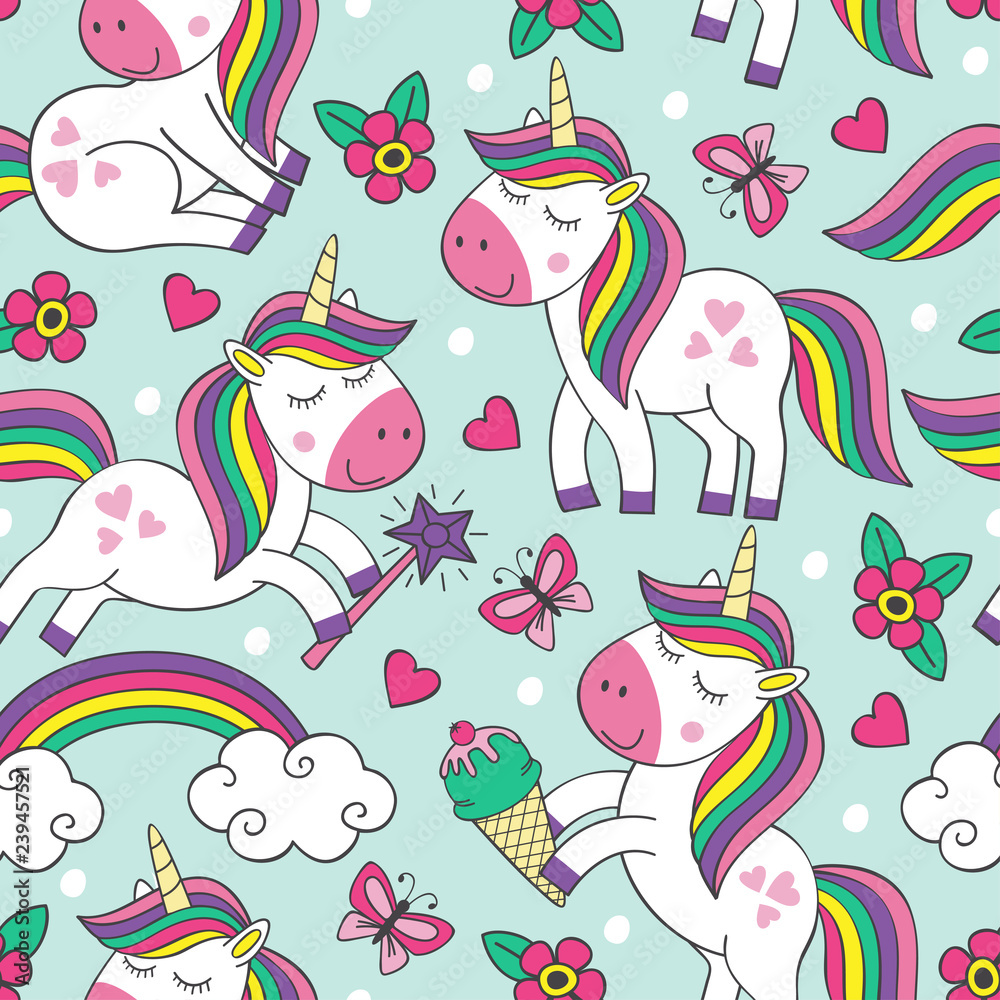 Naklejka premium seamless pattern with cute little unicorns - vector illustration, eps