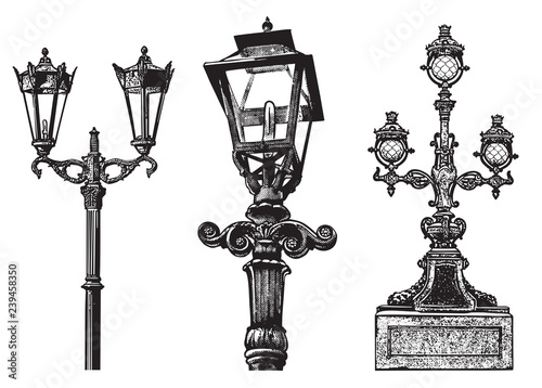 Vintage street lamp - black vector image isolated on white background. Realistic detailed graphic illustration of typical lamppost in old, retro style.