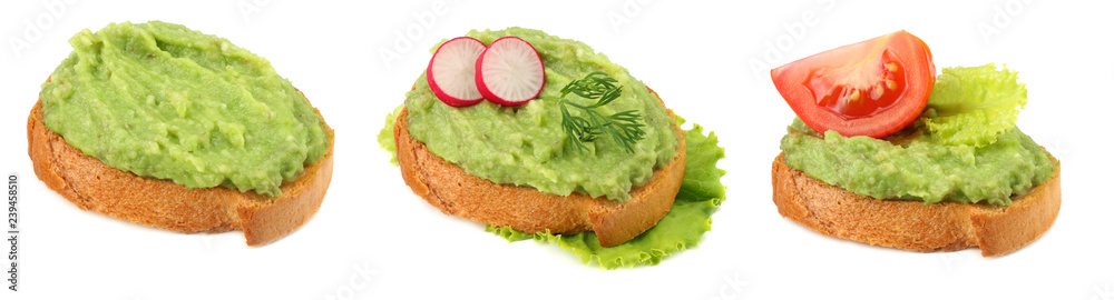 sandwich with avocado cream isolated on white background. Healthy food sandwich with avocado cream isolated on white background. Healthy food