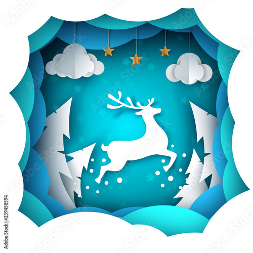 Cartoon paper landscape. Deer illustration.