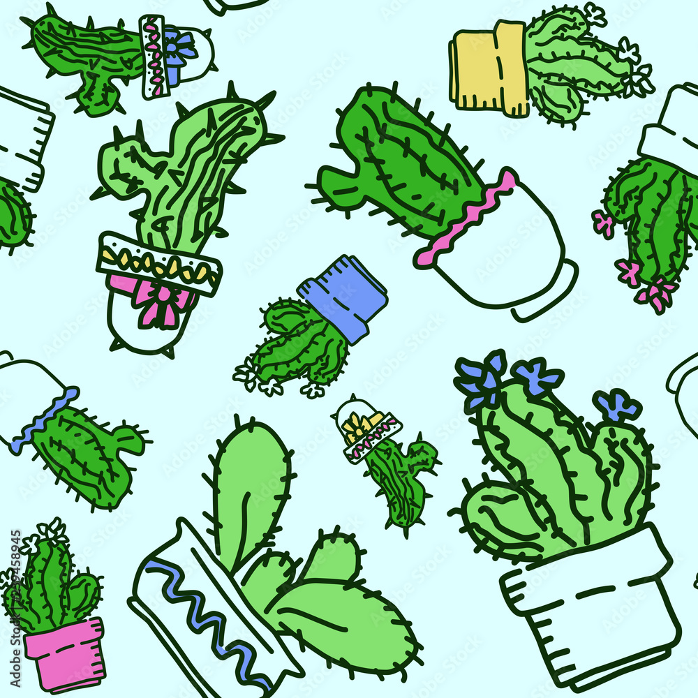 Obraz premium Seamless vector pattern of drawn cactus in pots