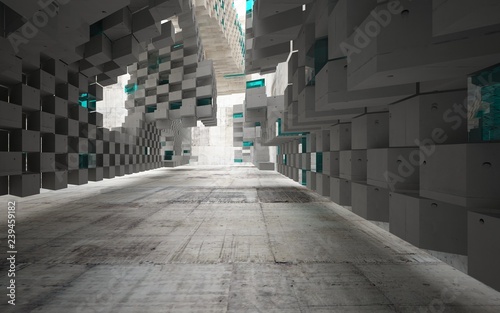 Abstract interior of concrete with blue glass. Architectural background. 3D illustration and rendering 