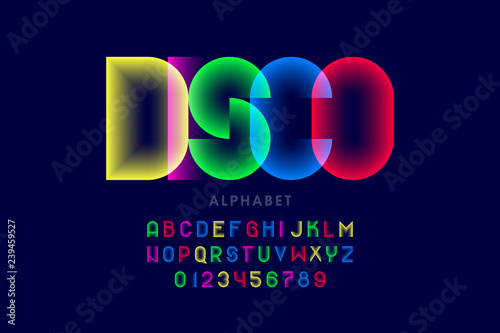 Colorful disco style font design, alphabet letters and numbers photo