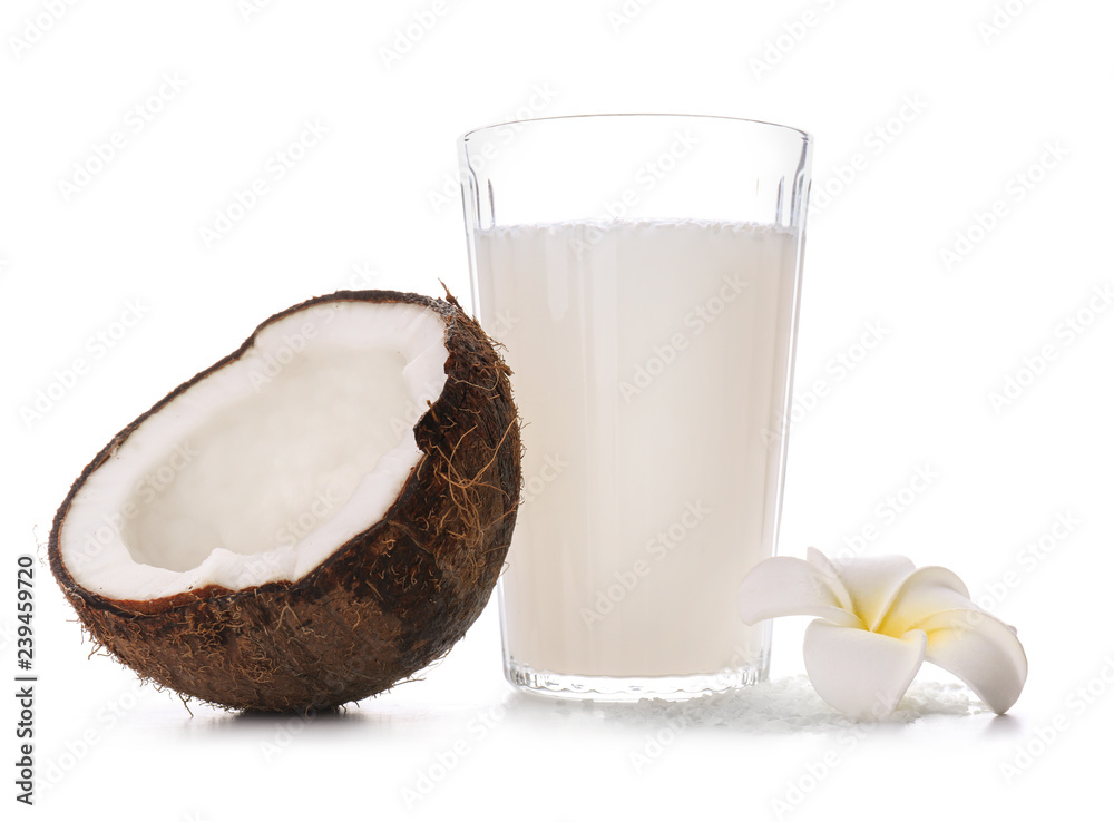 Glass of coconut milk on white background Glass of coconut milk on white background