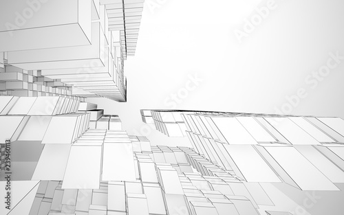 Abstract white interior highlights future. Polygon drawing . Architectural background. 3D illustration and rendering