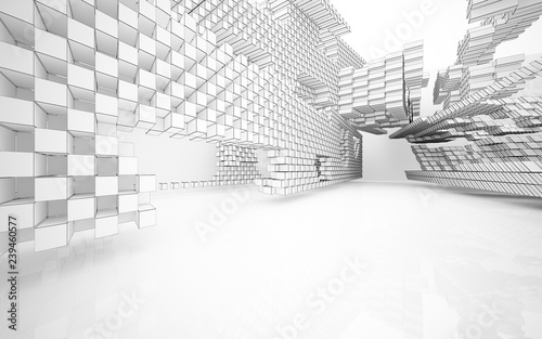 Abstract white interior highlights future. Polygon drawing . Architectural background. 3D illustration and rendering