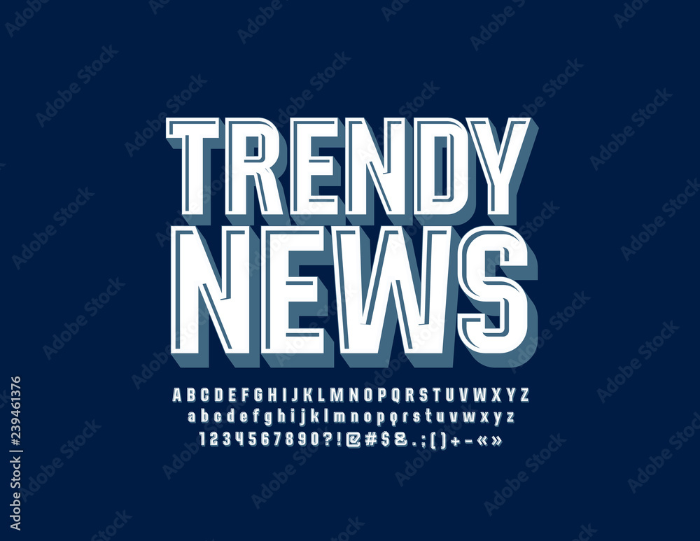 Vector Stylish Logo Trendy News. Set of 3D Alphabet Letters, Numbers and Symbols. Bright Retro Font.