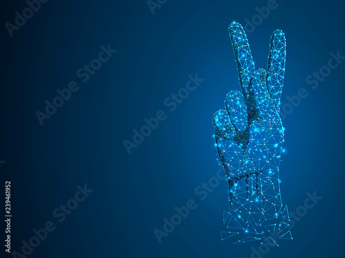 Fototapeta Naklejka Na Ścianę i Meble -  Sign language K letter, hand that use the visual-manual modality to convey meaning. Polygonal space low poly style. People silent communication. Connection wireframe. Raster on dark blue background