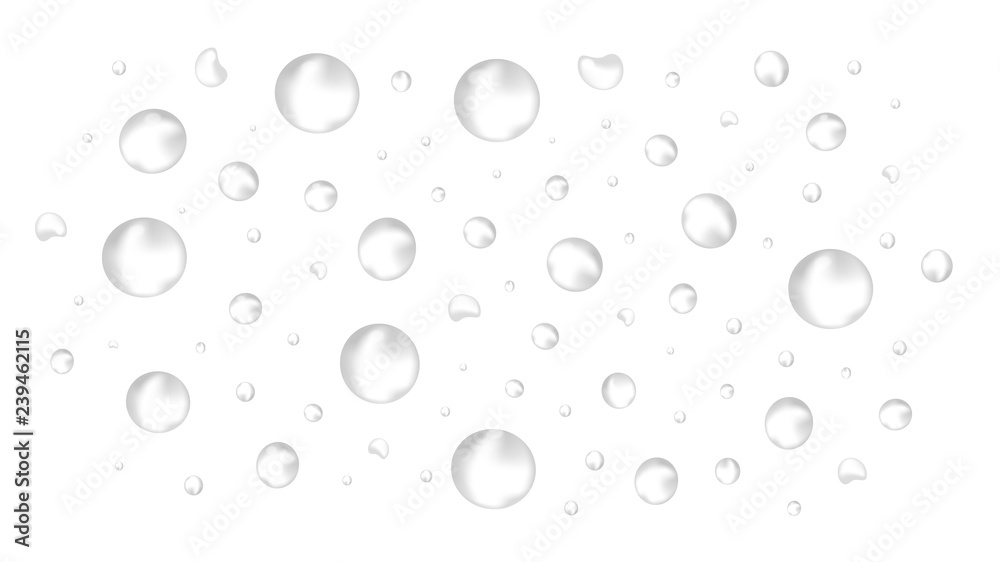 Vector realistic water drops on white background without shadows.  realistic, rain, water, foam, oxygen or spray. Different shapes and sizes. 3D realistic, close-up.