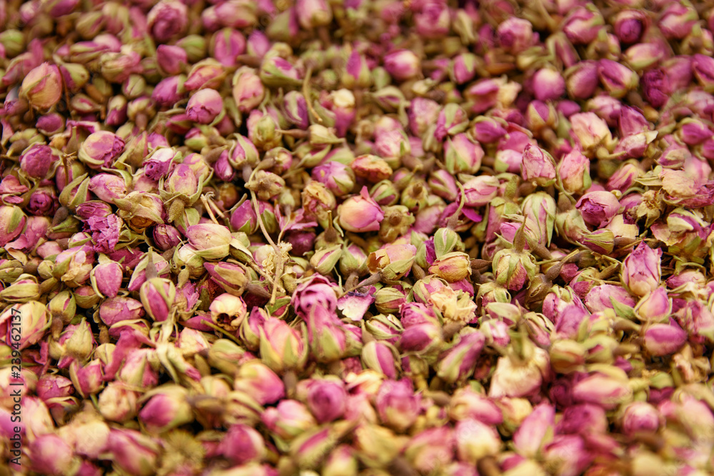 Dried Rose Flowers And Tea Herbs Closeup
