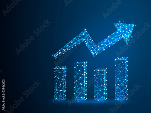 Growth chart. Business Technological concept. Polygonal science Raster illustration. Low poly Growth, success graph. Connection wireframe mesh structure on dark blue background in RGB Color mode