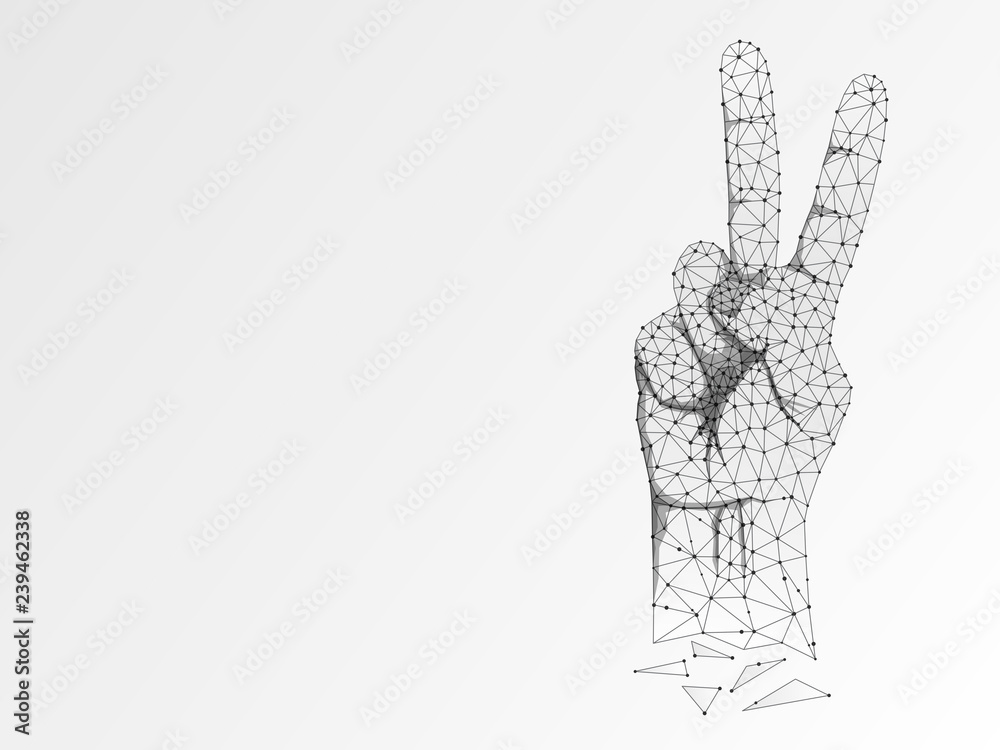 Origami Sign language V letter, two fingers pointing up hand in peace or victory symbol, Polygonal low poly. Deaf People silent communication alphabet. Connection wireframe. Raster on white background