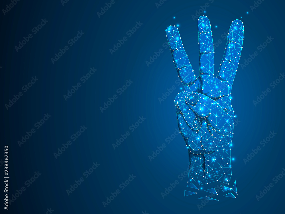 Sign language V letter, hand with three fingers pointing up gesture, Polygonal low poly. Deaf People silent communication alphabet. Connection wireframe. Raster on dark blue background
