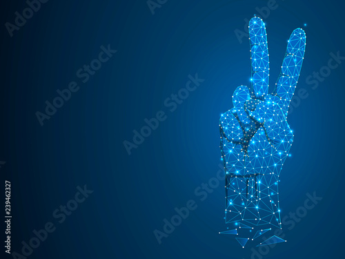 Fototapeta Naklejka Na Ścianę i Meble -  Sign language V letter, two fingers pointing up, hand in peace or victory symbol, Polygonal low poly. Deaf People silent communication alphabet. Connection wireframe. Raster on dark blue background