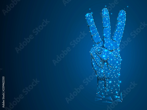 Fototapeta Naklejka Na Ścianę i Meble -  Sign language V letter, hand with three fingers pointing up gesture, Polygonal low poly. Deaf People silent communication alphabet. Connection wireframe. Raster on dark blue background