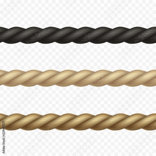 Rope seamless border set isolated on transparent background. Vector realistic texture string, jute, thread or cord pattern.