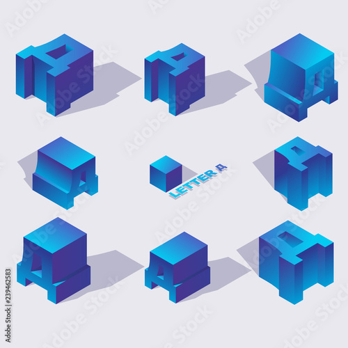 Isometric alphabet font russian letter D. 3d effect letters, various foreshortening with flat shadows. Stock vector typeface for any typography design. Blue 3d letters.