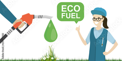 Happy petrol station female worker. Gasoline pump with drop