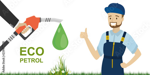 Green campaign and eco fuel concept.Fuel pump in hand man.
