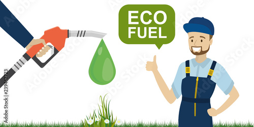 Green campaign and eco fuel concept.Fuel pump in hand man.