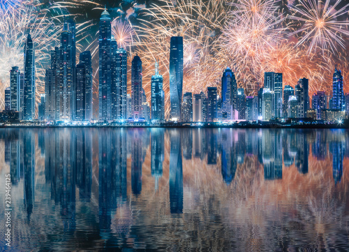 Beautiful fireworks above Dubai Marina bay  UAE
