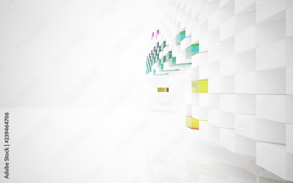 Fototapeta premium abstract architectural interior with white sculpture and geometric gradient glass box. 3D illustration and rendering