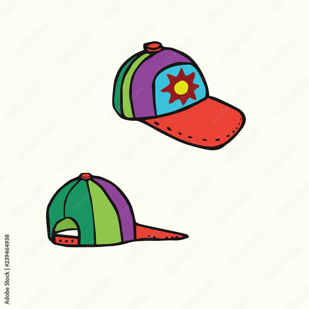 Fototapeta premium Colorful cap with sun, view from front and back, hand drawn doodle, sketch in woodcut style, color vector illustration
