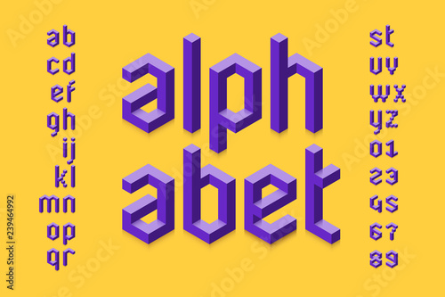 Isometric 3d font design, three-dimensional alphabet letters and numbers