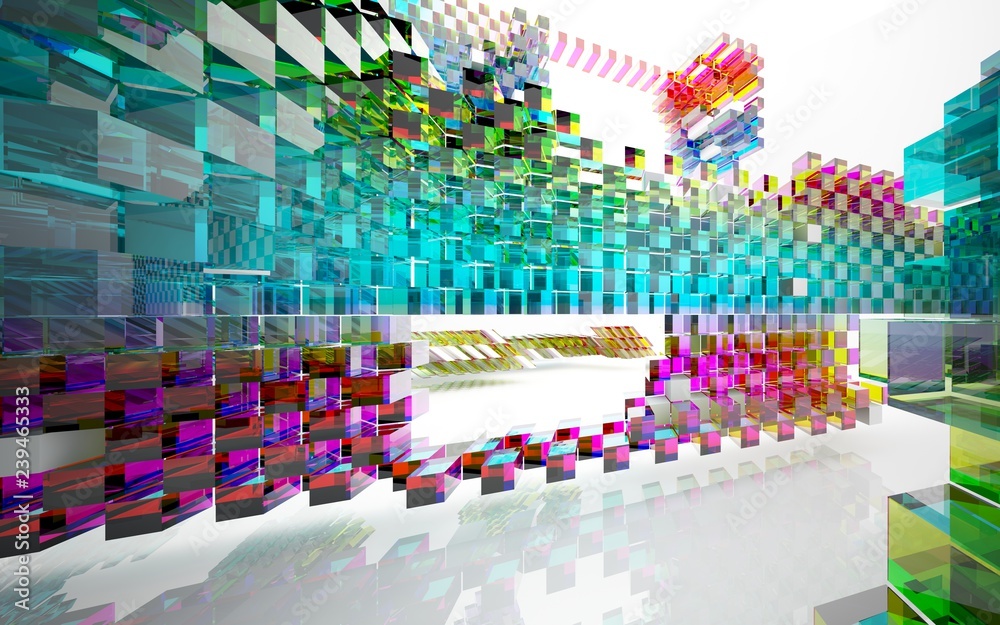 Obraz premium abstract architectural interior with gradient geometric glass sculpture. 3D illustration and rendering